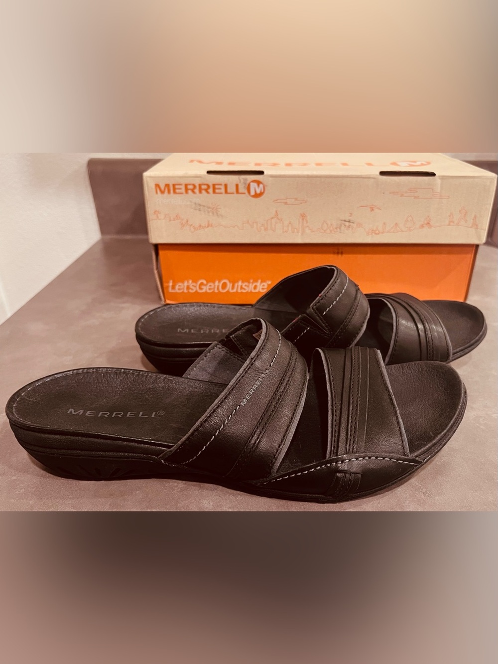 MERRELL NEW Q FORM Black Leather Comfort Air Cushioned Walking Sandals Slides 10